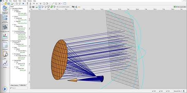 Dual reflector antenna with ray tracing and near-field analysis, modelled in GRASP.