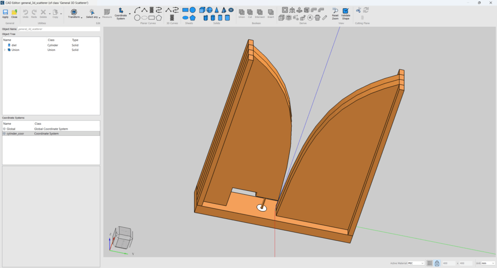 3D CAD model of a Vivaldi antenna showing the exponential tapered slot and dielectric sections for broadband antenna analysis.