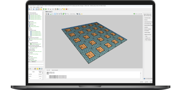Laptop screen displaying TICRA Tools interface with a finite patch array model prepared for full-wave electromagnetic analysis.