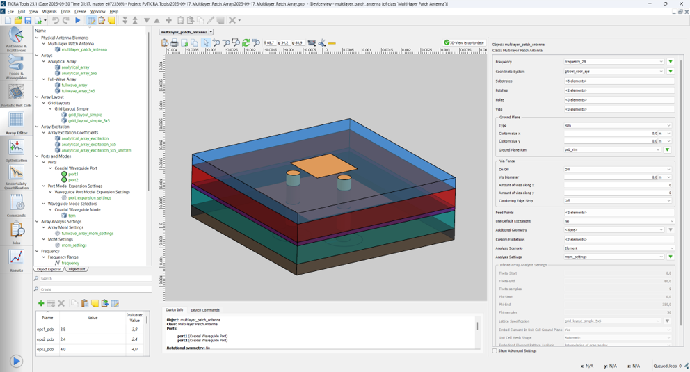 3D model of a multilayer patch antenna showing stacked dielectric substrates and ground planes analysed using a layered-media solver.