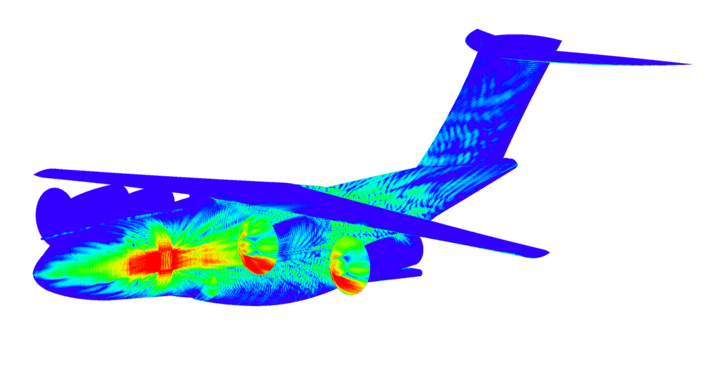 Electromagnetic simulation showing surface current distribution on an aircraft model, with colour scale representing current intensity.
