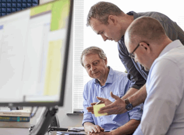 Colleagues cooperating to deliver solutions or trainings.